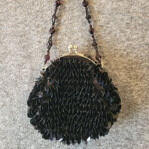 Franchi Black Sequin and Burgundy Bead Mini Clamshell Purse Wedding Formal